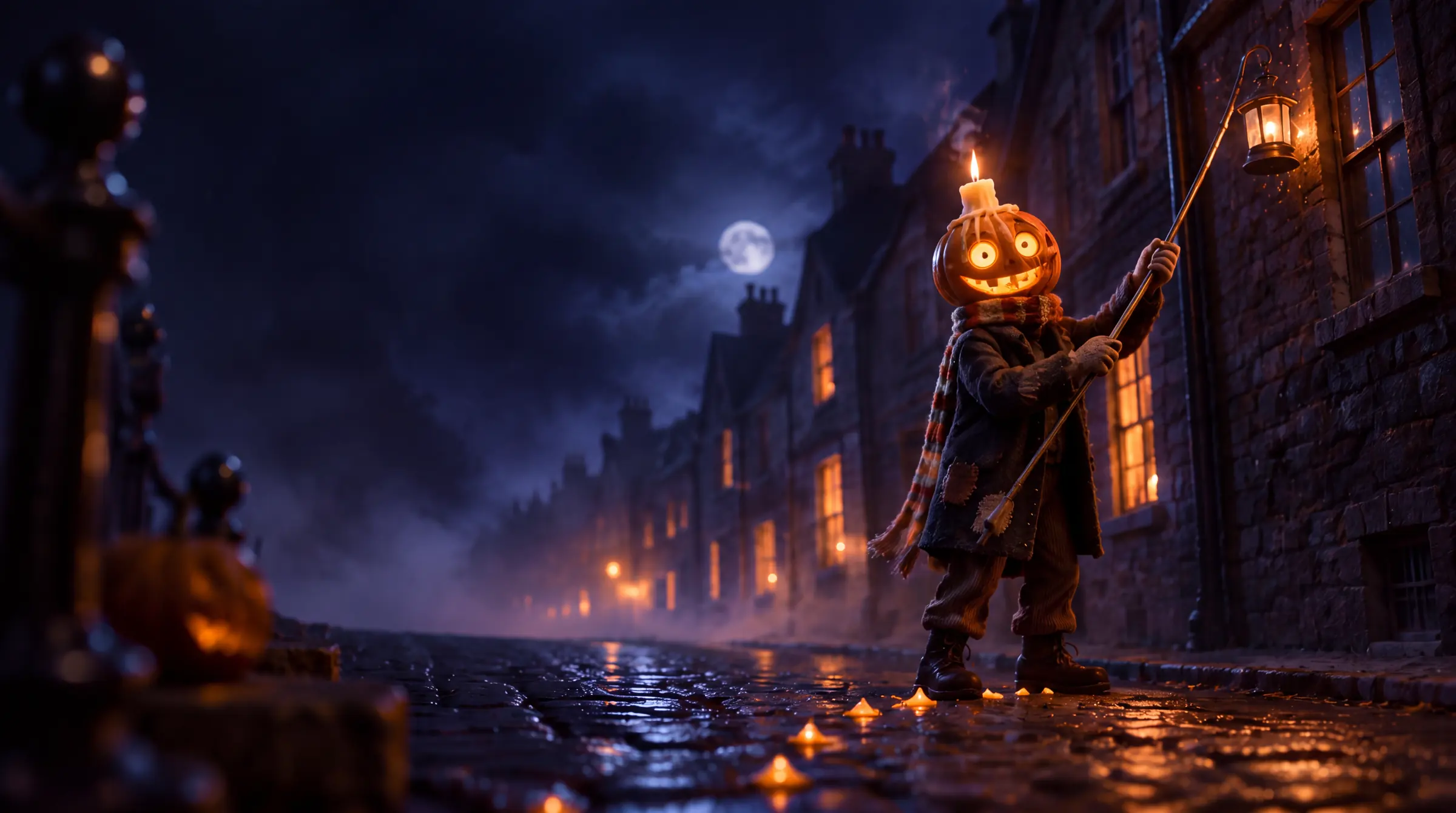 Old Wick, a pumpkin-headed lamplighter with a candle burning on his head, lighting a street lamp on a foggy cobbled street at night